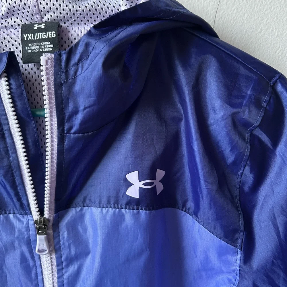UNDER ARMOUR Kids Hooded Rain Jacket Blue Full Zip Windbreaker — Size M